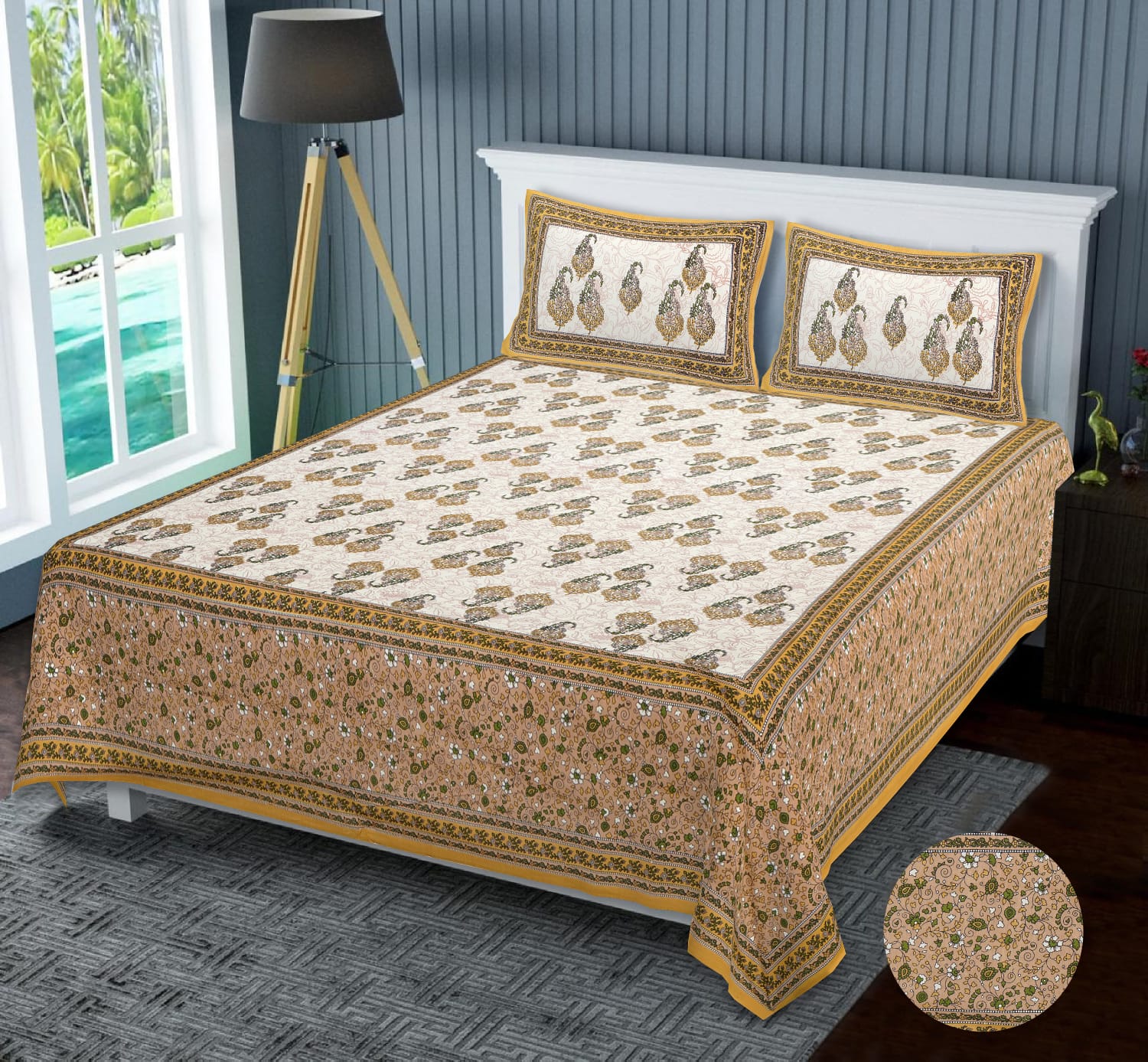 Niruva Mustard and Beige Jaipuri Paisley Buta Cotton Double Bedsheet With 2 Pillow Covers